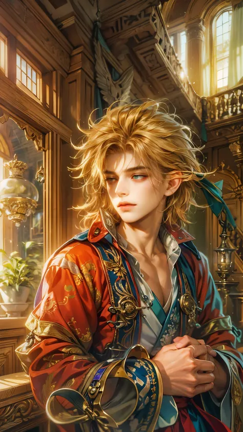 (absurdres, highres, ultra detailed, HDR), masterpiece, best quality, legend of mana character, boy hero, guy villain , detailed face, handsome face, anime eyes, inside home beside window, detailed character, detailed indoor, detailed home, art kenouji