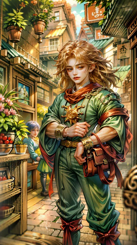 (absurdres, highres, ultra detailed, HDR), masterpiece, best quality, legend of mana character, guy angel, detailed face, handsome face, anime eyes, at the town market in domina , detailed character, detailed outdoor scenery, art kenouji