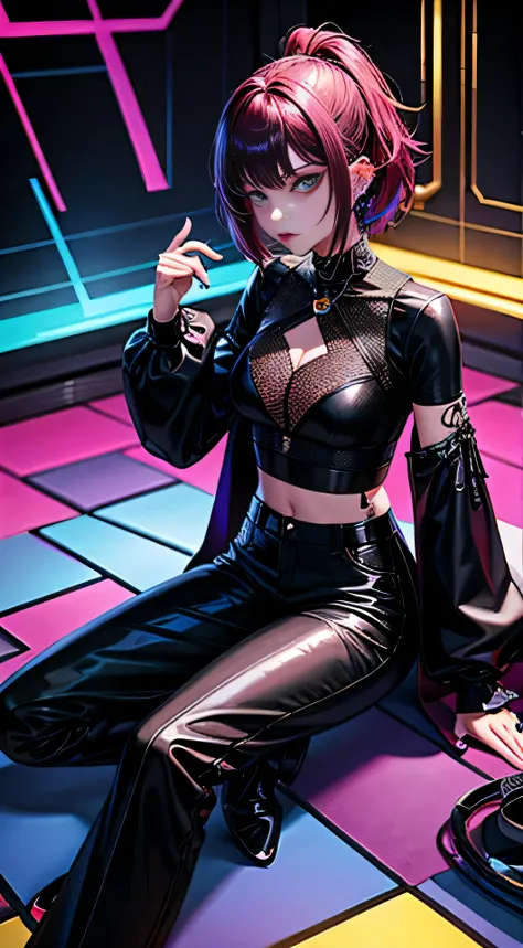 A solitary figure, adorned in alternative fashion, lies on the floor of a vibrant room, immersed in a world of music. The atmosphere carries a cyberpunk aesthetic, reminiscent of Guwiz style artwork, as envisioned by the talented artist Lu Dongjun. The cre...