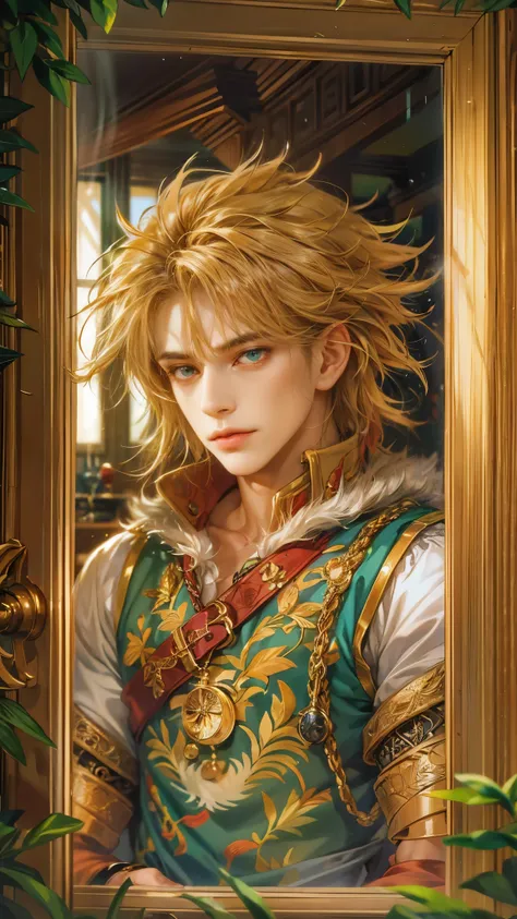 (absurdres, highres, ultra detailed, HDR), masterpiece, best quality, legend of mana character, boy hero, guy villain , detailed face, handsome face, anime eyes, inside home beside window, detailed character, detailed indoor, detailed home, art kenouji