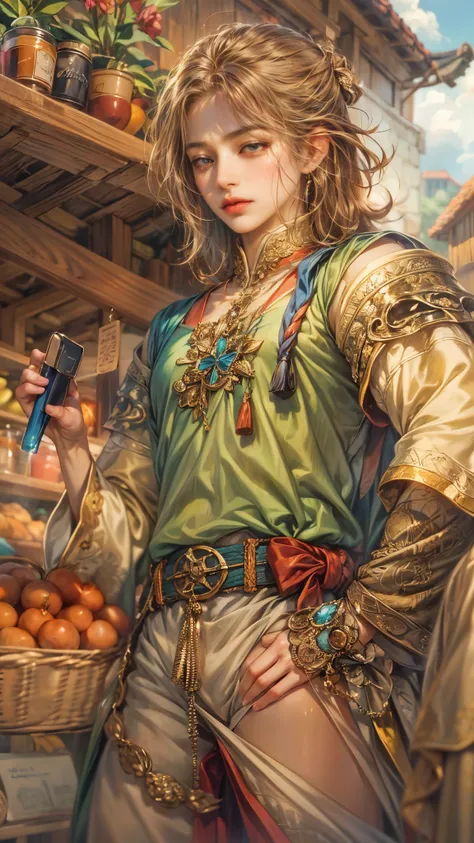 (absurdres, highres, ultra detailed, HDR), masterpiece, best quality, legend of mana character, guy angel, detailed face, handsome face, anime eyes, at the town market in domina , detailed character, detailed outdoor scenery, art kenouji