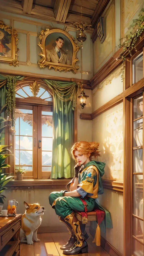 (absurdres, highres, ultra detailed, HDR), masterpiece, best quality, legend of mana character, boy hero, guy villain , detailed face, handsome face, anime eyes, inside home beside window, detailed character, detailed indoor, detailed home, art kenouji