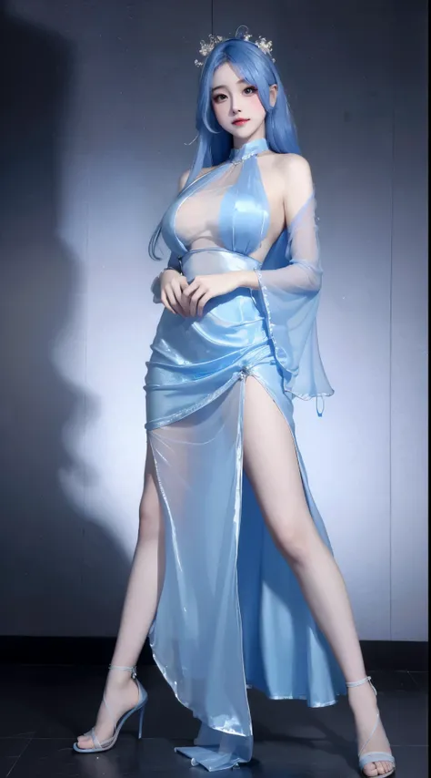 8k, Surreal, masterpiece, best quality, Super detailed, high resolution, random background, 1個Giant Breast Girl, (:1.5), Willow Yao, blue dress ，long skirt，translucent，Blue hair，stand，whole body，High heel，High heel，whole body，white silk