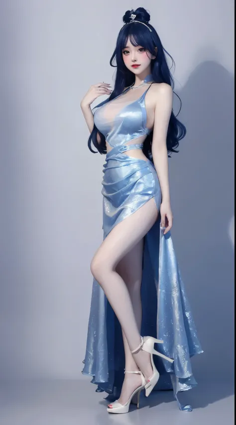 8k, Surreal, masterpiece, best quality, Super detailed, high resolution, random background, 1個Giant Breast Girl, (:1.5), Willow Yao, blue dress ，long skirt，translucent，Blue hair，stand，whole body，High heel，High heel，whole body，white silk