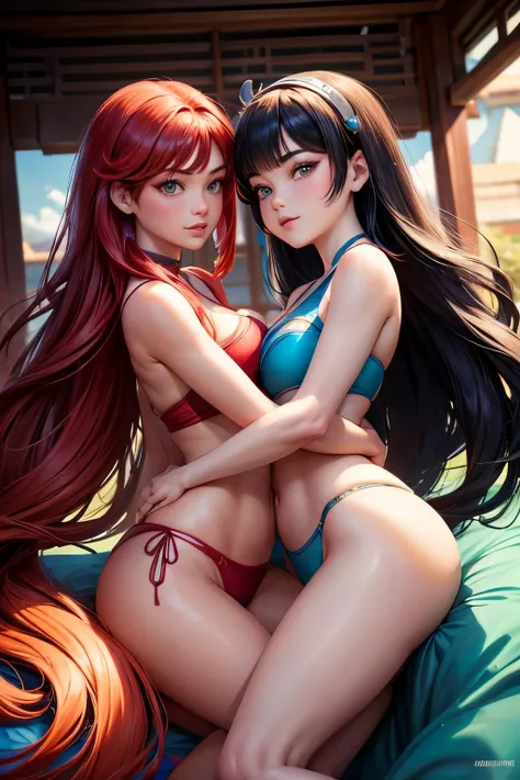 Mulan and Ariel hugging and looking at viewer, ((Mulan)), ((Ariel)), Mulan and Ariel hugging each other, Ariel with long red hair and green eyes, Mulan with Chinese features, short black hair and brown eyes, the two women are wearing bikinis, curvy body, w...