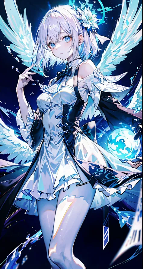 The angel is depicted with a pale and glowing color.、It has heterochromatic eyes.、Its skin seems to radiate an otherworldly glow。he、Symbol of divine nature、Decorated with a pair of shining beautiful wings。This scene is really fantastic and fascinating.、它捕捉...