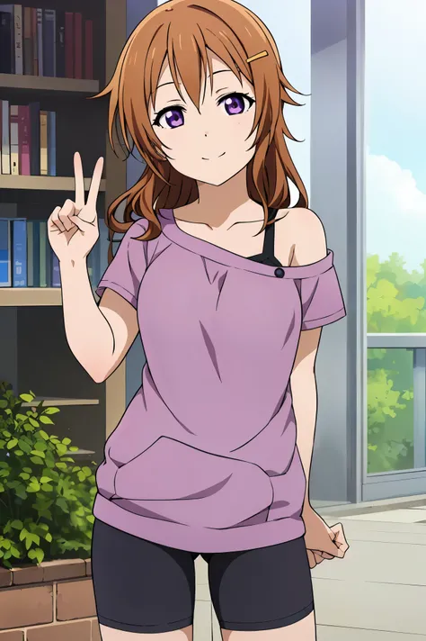 (best quality, masterpiece:1.2), (1girl, solo:1.2), smile, detailed background, (looking at viewer, solo focus:1.2), 
Konoe kanata, long hair, straight hair, purple eyes, brown hair, off-shoulder black strap, purple shirt short, short sleeves, standing, tw...