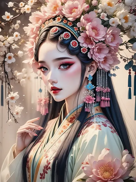 (masterpiece, best quality:1.2,lifelike:1.37), antiquity,flat,Ink smudge,traditional Chinese painting,flat pencil drawing,Chinese style illustrations:(1 girl,bust ),exquisite facial features,Detailed drawing of eyes,eyelash,blush,long hair,Exquisite makeup...