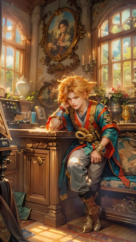 (absurdres, highres, ultra detailed, HDR), masterpiece, best quality, legend of mana character, boy hero, guy villain , detailed face, handsome face, anime eyes, inside home beside window, detailed character, detailed indoor, detailed home, art kenouji