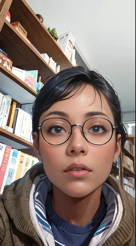 There is a woman wearing glasses sitting in the study,