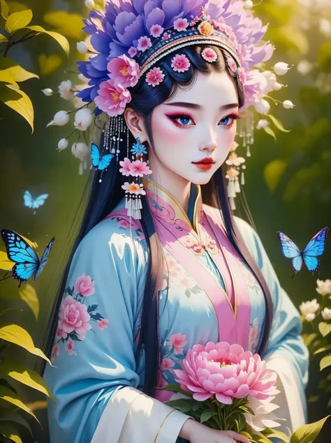 (masterpiece, best quality:1.2,lifelike:1.37), antiquity,Chinese style illustrations:(1 girl,bust,portrait ),exquisite facial features,Detailed drawing of eyes,eyelash,blush,long hair,Exquisite makeup,Beautiful pearls on the head,blue华丽的汉服,Garden backgroun...