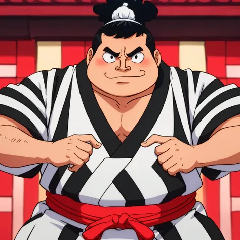 A sumo wrestling man, wearing a coral colored traditional Japanese clothing that covers everything with black and white square shaped patterns with the black and white layers alternating between each other, battlefield place 