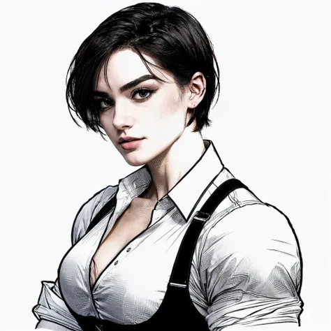 A very beautiful short hair warrior wearing a white shirt and black corset