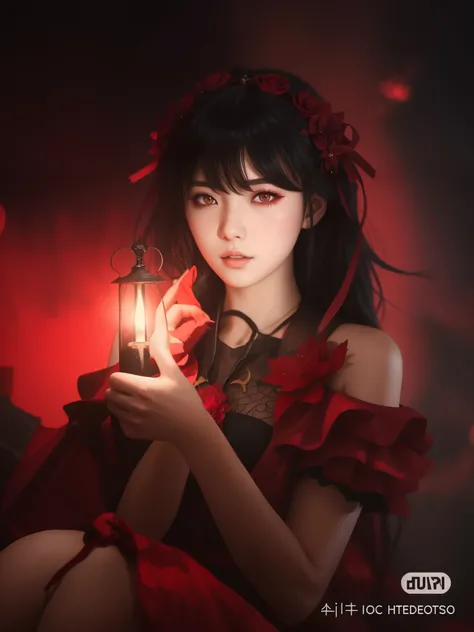 Mujer arafed con un vestido rojo sosteniendo una vela en la mano., guweiz, obra de arte al estilo de guweiz, 🌺 sociedadcg, rin tohsaka, sakimi-chan, por Yang J., guweiz en pixiv artstation, anime girl gothic maiden, Guweiz en ArtStation Pixiv, obra maestra...