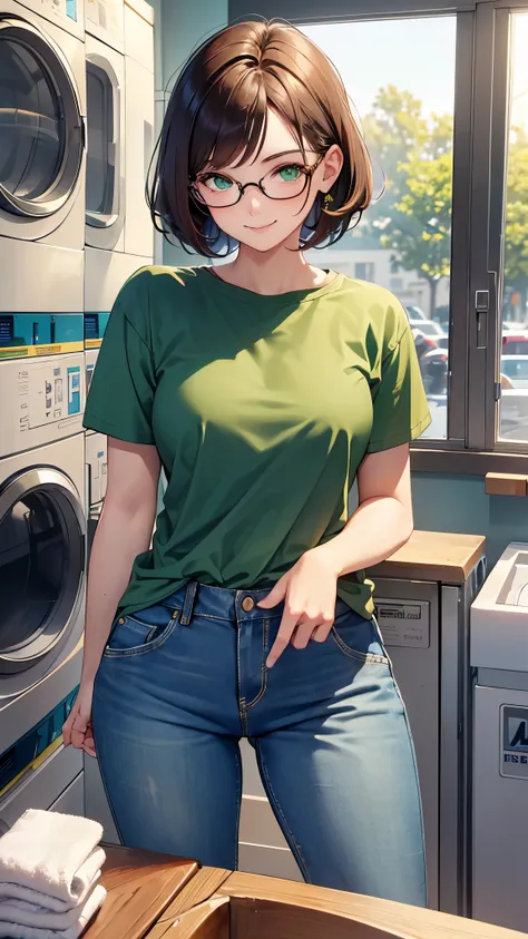 perfect anatomy, masterpiece:1.2, best quality, 8k, beautiful detailed grow, daydreaming expression, (in the coin laundry, fold laundry on table), (solo bob brown hair cute woman, 20 yo, glasses, cute green eyes, smile), in a casual shirt, denim pants.