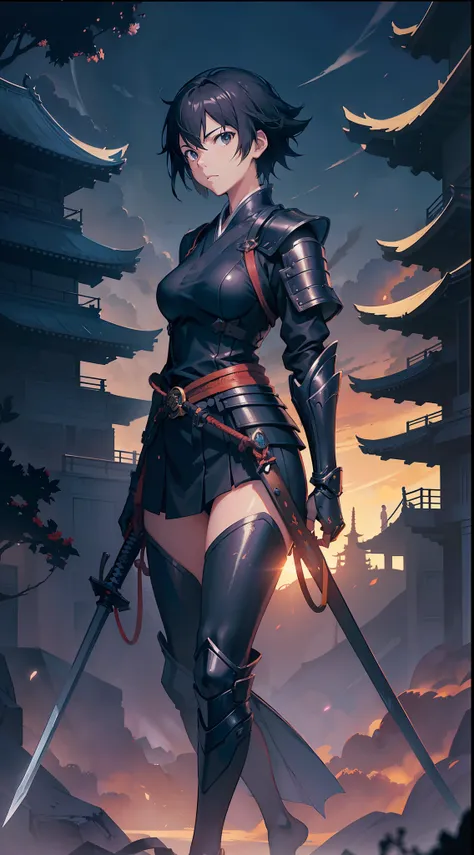 (full body:1.4), a short-haired female, japanese armor, samurai sword, massive scale stunning environment, horror, dark horror, makoto shinkai cyril rolando, makoto shinkai. digital render, makoto shinkai!, makoto shinkai. —h 2160, makoto shinkai!!, in sty...