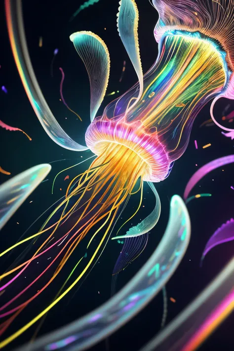 best quality, 32k, RAW photo, incredibly absurdres, extremely detailed, delicate texture, delicate, flashy and dynamic depiction, jellyfish, translucent anatomy diagram, luminous in rainbow colors, strange and strange, motion-blur, action-lines, speed-line...