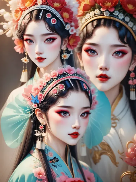 (masterpiece, best quality:1.2，lifelike：1.37), antiquity，Chinese style illustrations：（1 girl，bust，portrait ），exquisite facial features，Detailed drawing of eyes，eyelash，blush，long hair，Exquisite makeup，Beautiful pearls on the head，blue华丽的汉服，blur background，...