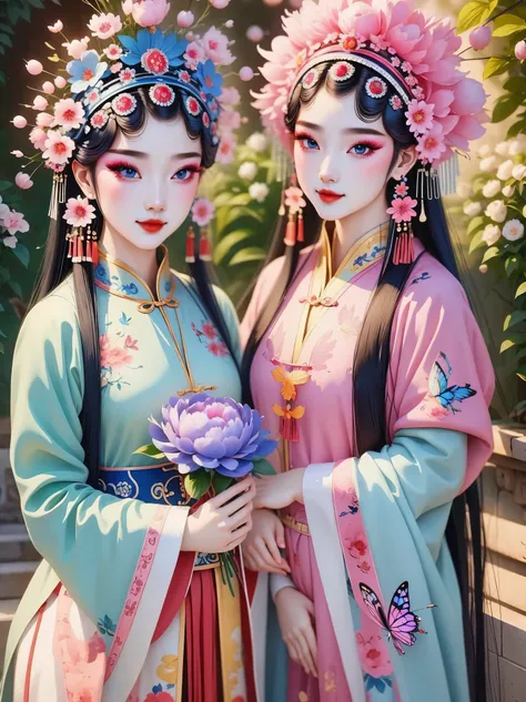 (masterpiece, best quality:1.2,lifelike:1.37), antiquity,Chinese style illustrations:(2 girls, ),portrait,Detailed drawing of eyes,eyelash,blush,laughing out loud,long hair,Exquisite makeup,Exquisite headdress,blue华丽的汉服,Garden background blurred,Simple,glo...