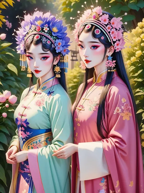 (masterpiece, best quality:1.2，lifelike：1.37), antiquity，Chinese style illustrations：（2 girls, ），portrait，Detailed drawing of eyes，eyelash，blush，laughing out loud，long hair，Exquisite makeup，Exquisite headdress，blue华丽的汉服，Garden background blurred，Simple，glo...