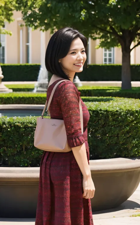 Woman standing in front of a park fountain waiting for me..She has her hands behind her back and is holding a handbag, A woman wearing a brightly colored knit and skirt, Natural wrinkles. Wrinkles at the corners of the eyes, highest quality, Mature, 45 yea...