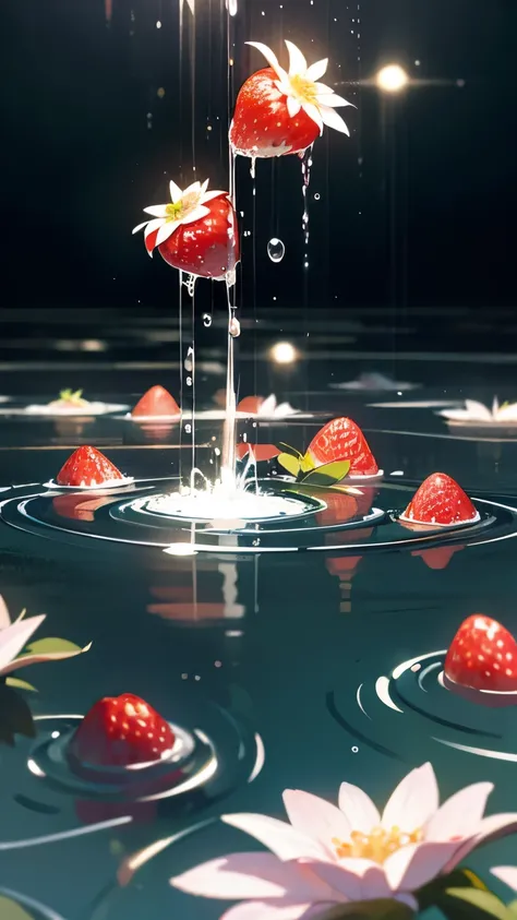 Cinematic RAW photos、super realistic photos、super realistic photos、Digital single-lens reflex camera、soft lighting、rainbow、Product photo of strawberries falling into water、water droplets、clear liquid droplets、Water flower、dynamic composition、（master part）、...