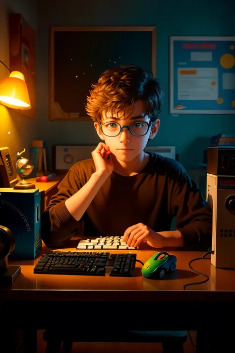 A close-up view of a 3D-friendly geeky kid with oversized glasses, sitting at his cluttered bedroom desk surrounded by remnants of 80s retro gaming memorabilia. His nose is inches away from the keyboard, focused intently on the computer screen. The scene i...