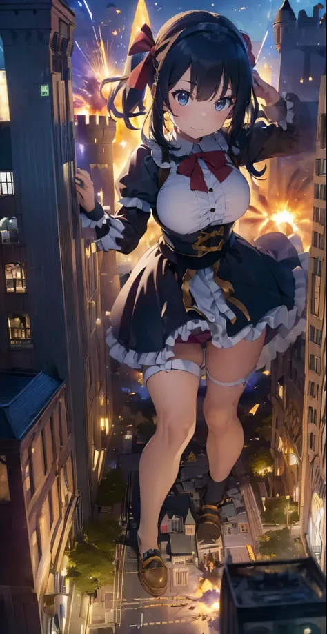 ファイナルfantasy world,fantasy world、(((dark hero))),White Gothic Idol Princess Ruffle Ribbon Maid Clothes、A girl bigger than a castle、background blur、Gulliver&#39;s Travels、alice in wonderland、city of rubble、super huge breasts、big breasts、big breasts、big brea...