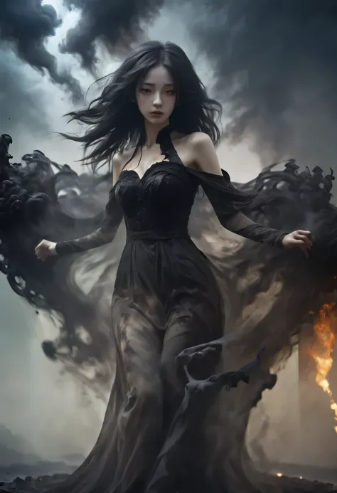 bailing_darkness，a girl made of black smoke，1girl，beautiful face，((Best quality)), ((Masterpiece)), ((Realistic)), solo