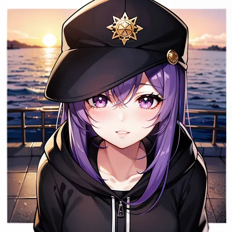 ((1girl, solo)), purple hair, long hair, purple eyes, grey, +_+, long sleeves, smile, (((parted lips))), hood down, (badge on hat), symbol-shaped pupils, looking at viewer, details eyes, absurdres, half body, ((sunset)), top view, (day time, sunny)