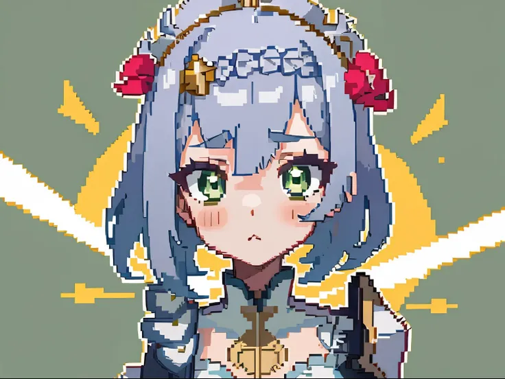 masterpiece, high quality, hcnone, pixel art, 1girl, noelle genshin impact, silver hair, green eyes, simple gold color background