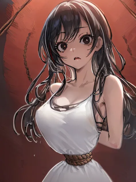 ((masterpiece)), ((highest quality)), (super detailed), torture chamber,(((Waist bound tightly with rope))),pretty girl, 1 girl, alone,white tank top one piece dress,beautiful black hair, (beautiful black eyes), long hair, expression of agony