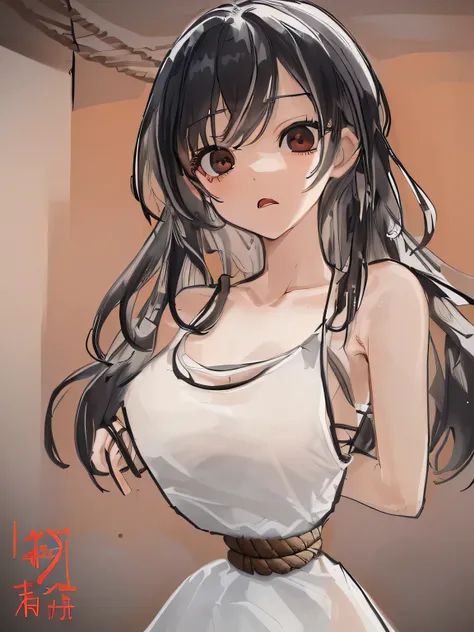 ((masterpiece)), ((highest quality)), (super detailed), torture chamber,(((Waist bound tightly with rope))),pretty girl, 1 girl, alone,white tank top one piece dress,beautiful black hair, (beautiful black eyes), long hair, expression of agony