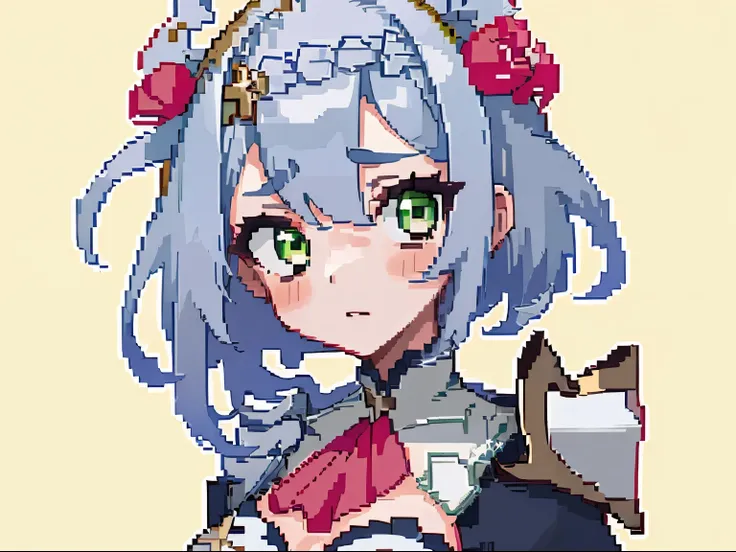 masterpiece, high quality, hcnone, pixel art, 1girl, noelle genshin impact, silver hair, green eyes, simple gold color background
