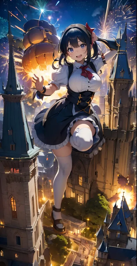 ファイナルfantasy world,fantasy world、(((dark hero))),White Gothic Idol Princess Ruffle Ribbon Maid Clothes、A girl bigger than a castle、background blur、Gulliver&#39;s Travels、alice in wonderland、city of rubble、super huge breasts、big breasts、big breasts、big brea...