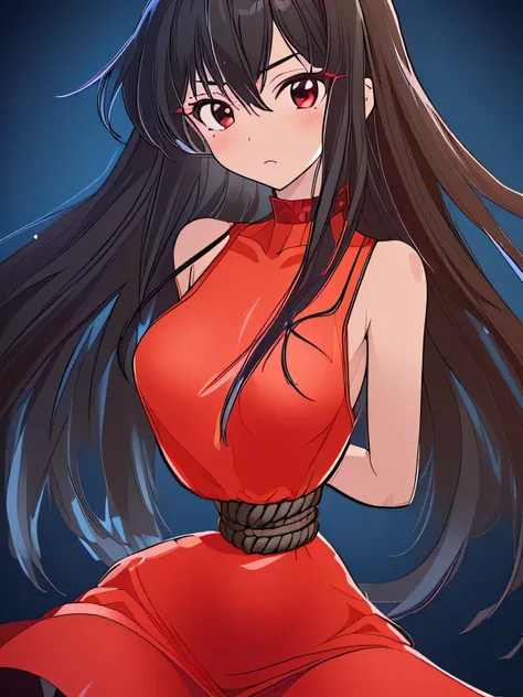 ((masterpiece)), ((highest quality)), (super detailed), torture chamber,(((Waist bound tightly with rope))),pretty girl, 1 girl, alone,dark red tank top dress,beautiful black hair, (beautiful black eyes), long hair, expression of agony