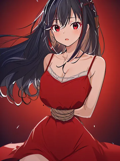 ((masterpiece)), ((highest quality)), (super detailed), torture chamber,(((Waist bound tightly with rope))),pretty girl, 1 girl, alone,dark red tank top dress,beautiful black hair, (beautiful black eyes), long hair, expression of agony