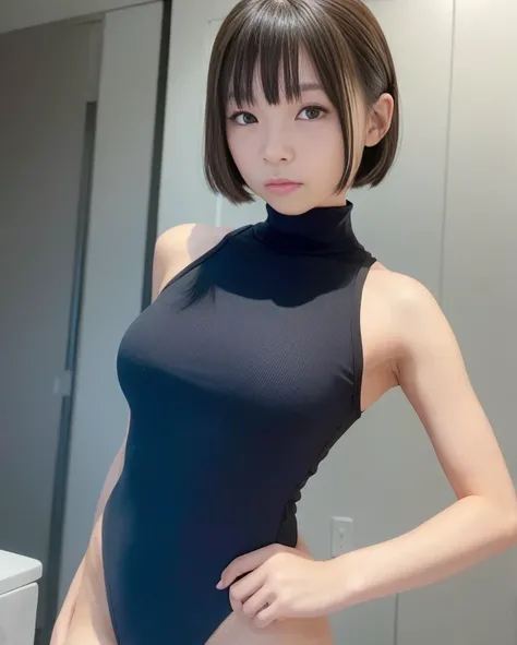 (1 Japanese girl:1.2), adorable 14 year old girl, wearing a high neck leotard, leotard too close to the skin, Erotic cute little face, She is wearing a leotard made of too thin material., (half-crying face), short-haired with bangs, (high color saturation:...