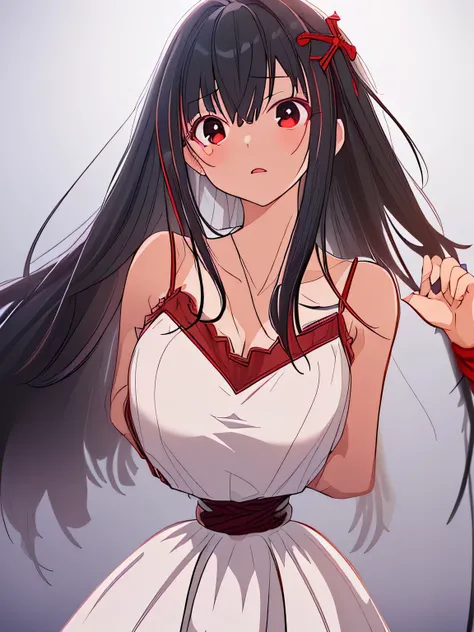 ((masterpiece)), ((highest quality)), (super detailed), torture chamber,(((Waist bound tightly with rope))),pretty girl, 1 girl, alone,dark red tank top dress,beautiful black hair, (beautiful black eyes), long hair, expression of agony