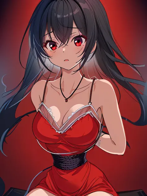 ((masterpiece)), ((highest quality)), (super detailed), torture chamber,(((Waist bound tightly with rope))),pretty girl, 1 girl, alone,dark red tank top dress,beautiful black hair, (beautiful black eyes), long hair, expression of agony