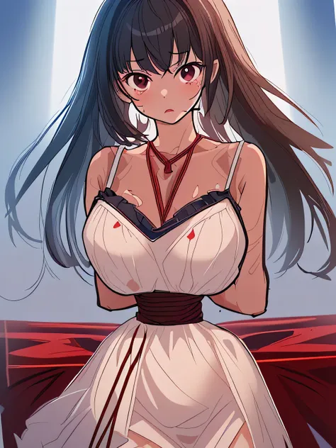 ((masterpiece)), ((highest quality)), (super detailed), torture chamber,(((Waist bound tightly with rope))),pretty girl, 1 girl, alone,dark red tank top dress,beautiful black hair, (beautiful black eyes), long hair, expression of agony