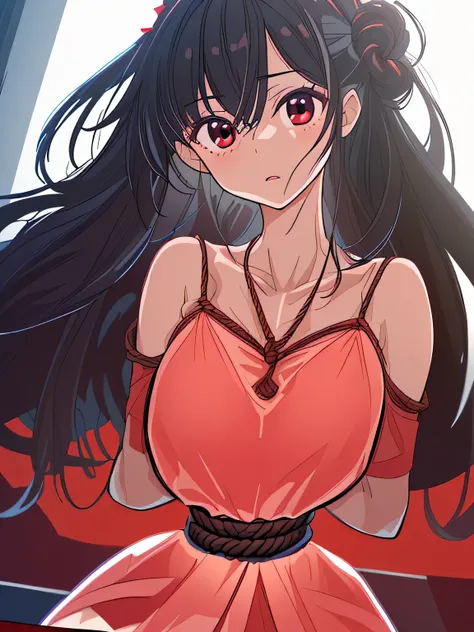 ((masterpiece)), ((highest quality)), (super detailed), torture chamber,(((Waist bound tightly with rope))),pretty girl, 1 girl, alone,dark red tank top dress,beautiful black hair, (beautiful black eyes), long hair, expression of agony