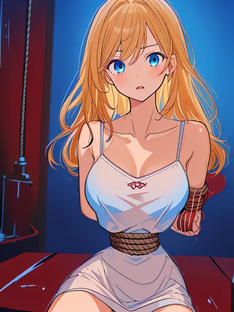 ((masterpiece)), ((highest quality)), (super detailed), torture chamber,(((Waist bound tightly with rope))),pretty girl, 1 girl, alone,dark red tank top dress,beautiful blonde hair, (beautiful blue eyes), long hair, expression of agony