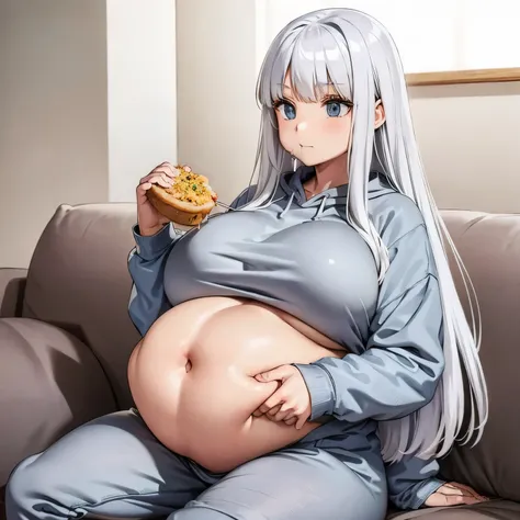 1 girl, beautiful girl, super huge belly, beautiful long white hair, loose comfortable gray sweatshirt, loose comfortable gray sweatpants, sitting on couch eating food. Large belly.