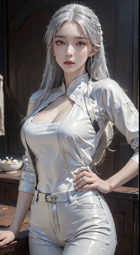 ((table top, highest quality, 8k, masterpiece, realistic:1.4, 超A high resolution:1.2, realistic, realistic)),alone, 1 female, view viewer, (detailed face), silver hair, medium long hair, halter neck、white leather pants、white leather jacket, silver earrings