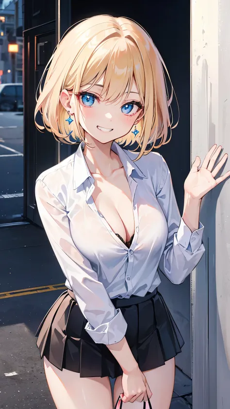 (8K、Highest image quality、highest quality、masterpiece)、detailed face、1 girl、blonde、short hair、pink inner color、light blue eyes、earrings、evil smile、((grin))、Moderate chest、((white shirt))、Cleavage、black pleated skirt、((miniskirt))、cowboy shot、bent over、cowb...