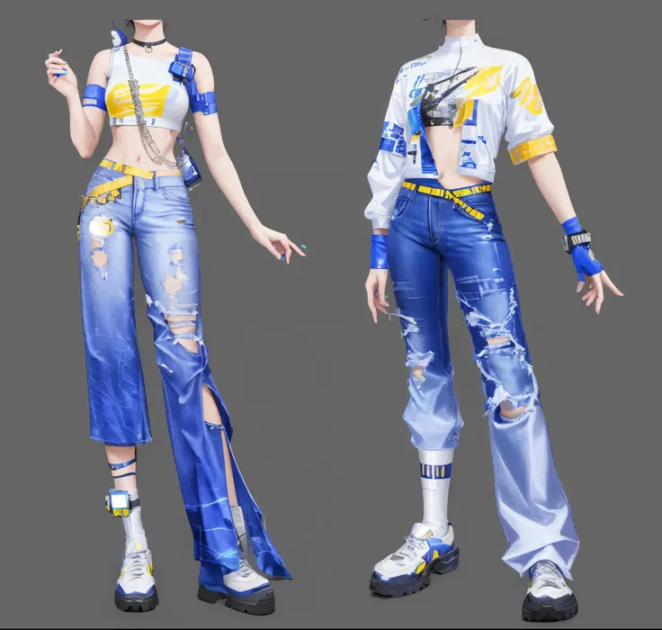 Woman in blue and white dress has two different views, Moon themed clothing, cyberpunk clothing, cyberpunk style 2 0 7 7, Costume design, Style Games Square Enix, realistic clothing, blue jeans. Unreal 5, cyberpunk clothing, cyberpunk style, Cyberpunk fash...