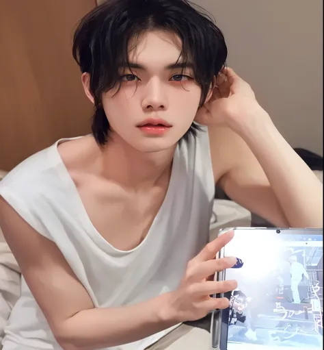 there is a man sitting on a bed holding a cell phone, kim doyoung, jinyoung shin, Jung Jaehyun, pintar ulzzang, yanjun chengt, cai xukun, Inspirado por Bian Shoumin, handsome japanese demon boy, young pale angel, inspirado por Zhang Han, kim taejin, inspir...