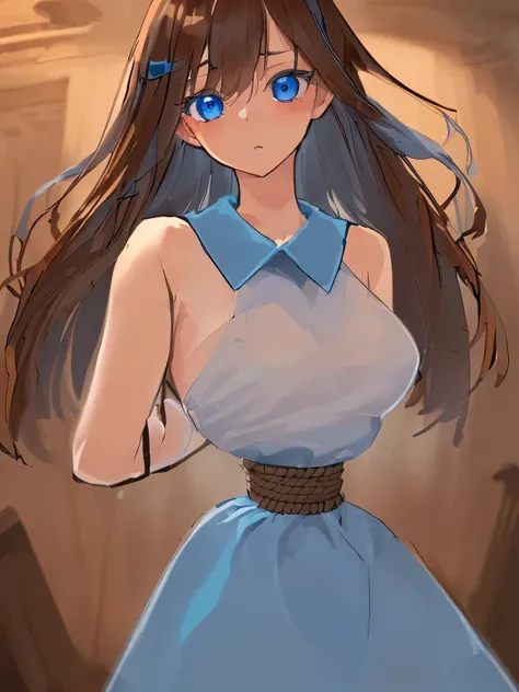 ((masterpiece)), ((highest quality)), (super detailed), torture chamber,(((Waist bound tightly with rope))),pretty girl, 1 girl, alone,Blue One Piece Dress,white collar,beautiful brown hair, (beautiful blue eyes), long hair, expression of agony