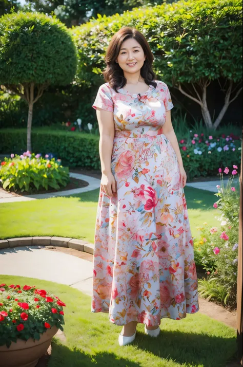 Wear a floral round neck dress，short sleeve，wavy long hair，35 year old female，Mature，charming smile，garden background，stand，Slightly fat，medium chest，full-body shot